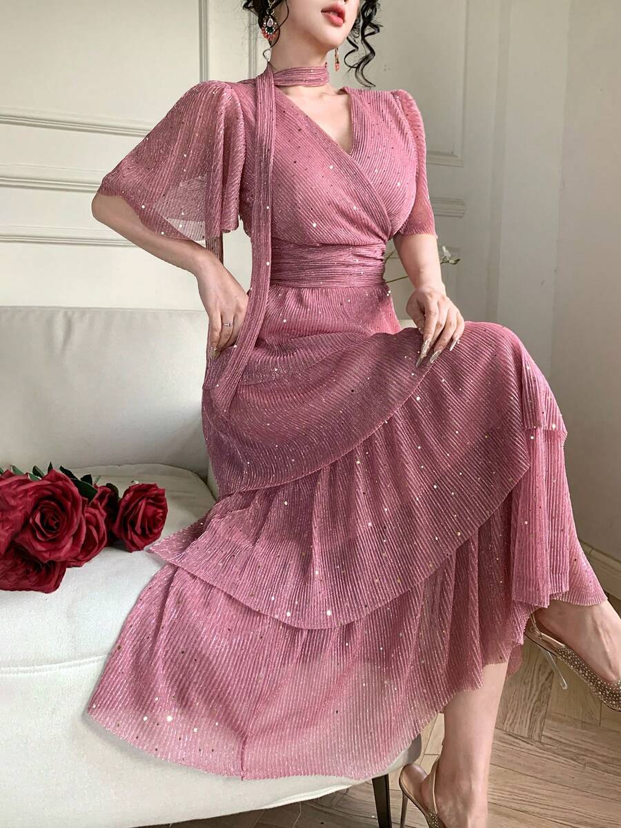 DAZY V领优雅收腰层叠时尚中长连衣裙 - 粉色 - 查看 1