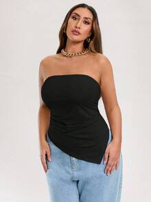 SHEIN BAE Plus Size Women's Tube Top Solid Color Beige Stretch Knitted Tight Ruffled Asymmetrical Design Hem Tank Top - Black - View 7