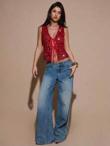 SHEIN BAE 女士时尚V领前系带亮片无袖上衣，适合派对和聚会 - 紅色 - 查看 3