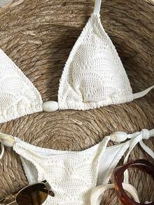 Swim Vcay 女士提花面料串珠吊带比基尼套装，春夏款 - 杏色 - 查看 4