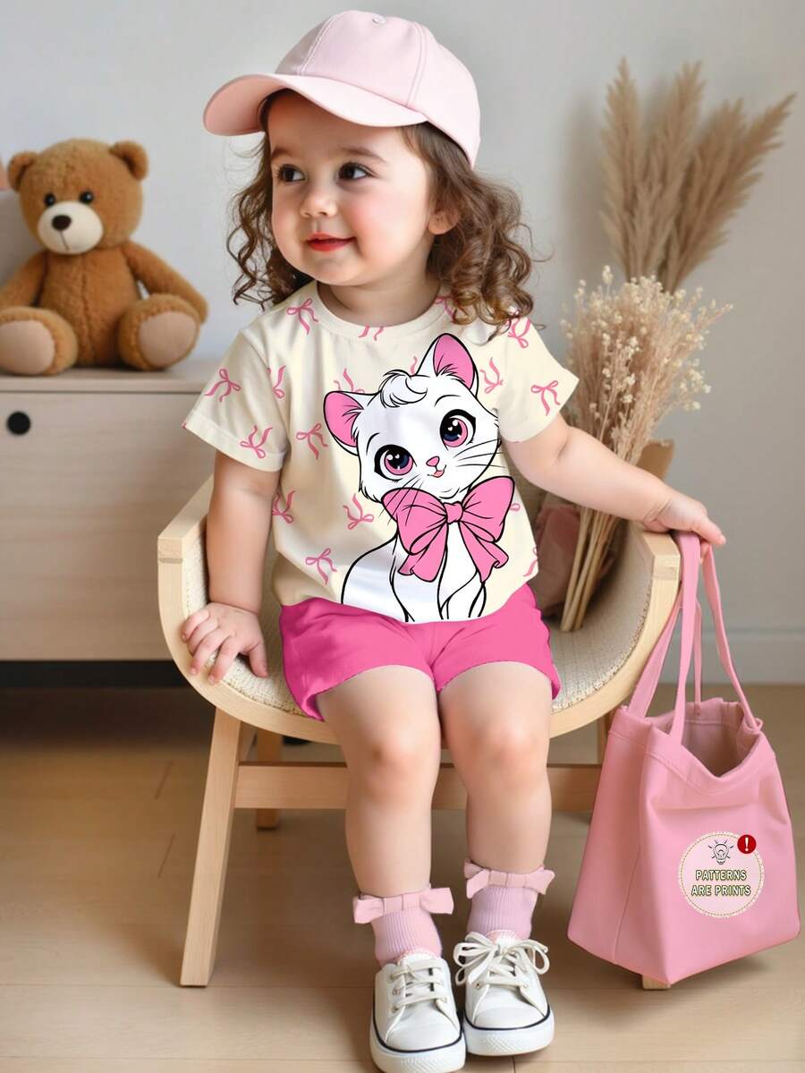 SHEIN 2 Stücke/Set Baby Mädchen Casual Süß Schleife & Katzen Muster, süßer Ballett Stil, cremeweiß rosa, Rundhals Kurzarm T-Shirt und Leggings Set, geeignet für Frühling/Sommer - Verschiedenfarbig - Übersicht 1