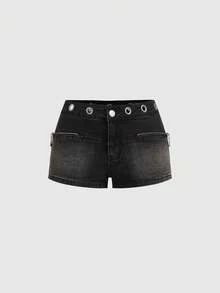 ROMWE Grunge Punk Women's Super Low Waist Sexy Y2K Millennium Retro Metal Grommet Skinny Denim Shorts - Dark Grey - View 1