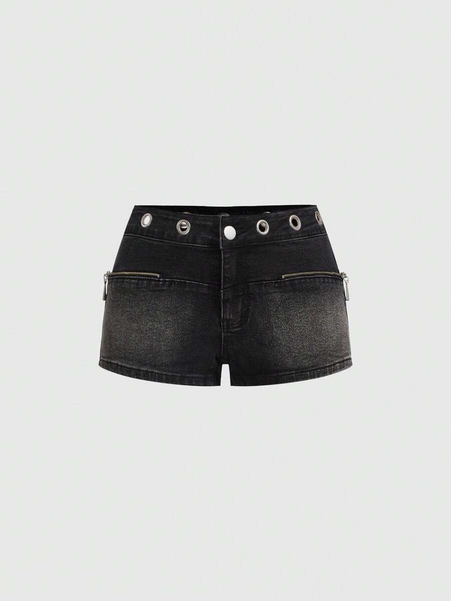 ROMWE Grunge Punk Women's Super Low Waist Sexy Y2K Millennium Retro Metal Grommet Skinny Denim Shorts - Dark Grey - View 1