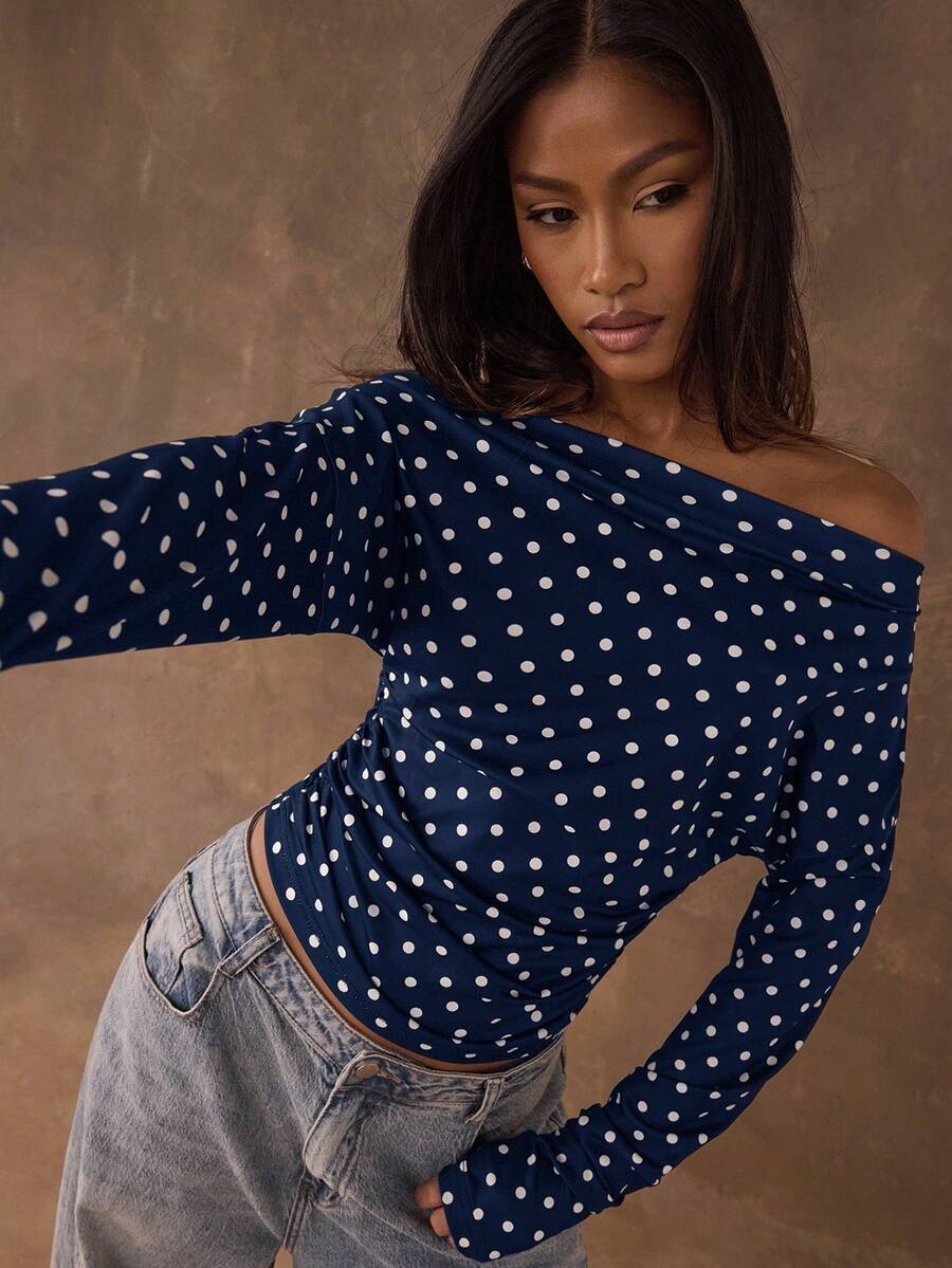 SHEIN BAE Women's Polka Dot Print Ruched Asymmetric Collar Long Sleeve T-Shirt - Navy Blue - View 1