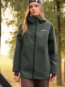 SHEIN In My Nature 女士字母印花长袖拉链连帽户外夹克 - 軍綠色 - 查看 4