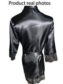 缎面蕾丝边女士浴袍，新娘浴袍伴娘礼物，蕾丝睡衣系带休闲浴袍，夏季浴袍，返校季浴袍 - 黑色 - 查看 11