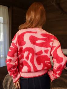 Gretanique Casaco Raglan de Padrão de Colorblock Casual, Adequado para Outono/Inverno, Feriados, Ano Novo, Dia dos Namorados - Rosa chiclete - Visão 2