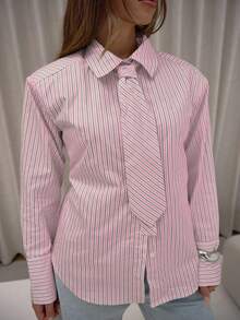 MUSERA Neck Tie Detail Button Down Cinch Tie Waist Stripe Shirt Classy Sexy Streetwear Fall Autumn Night Out Holidays Spring Summer - Pink - View 5