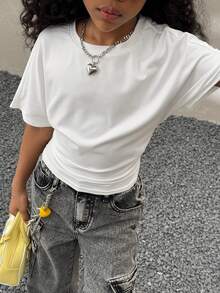 Coolane Kids Tween Girls Spring/Summer, Minimalist Y2K Basic Daily Wear Casual Back To School Streetwear Stretchy White Loose Ruched Crop Tees - White - View 5