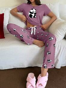 Dream Adore Panda Print Short Sleeve Top And Pants Pajama Set - Purple - View 6