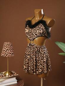 SHEIN Camisón sexy de mujer con estampado de leopardo, parches de malla transparente y ribete de peluche con hebilla redonda y cordones - Multicolor - Ver 8