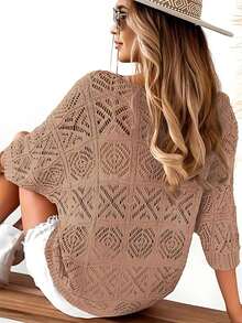 EMERY ROSE 大码V领镂空针织上衣，度假风 - 杏色 - 查看 2