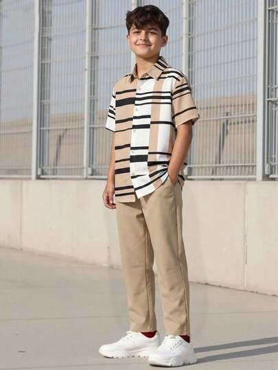 Vacaura 2件套青少年男童条纹衬衫和卡其裤套装，适合夏季户外活动