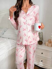 Moonlight&Mama 2pcs Bow Print Maternity Pajama Set, Pink Long Sleeve Cardigan And Pants - Pink - View 4