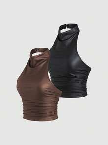 Sweetra Bộ đồ 2 món thời trang nữ gợi cảm, kiểu cổ yếm, chất liệu da PU, thích hợp dự tiệc. - Nhiều màu - Xem 6