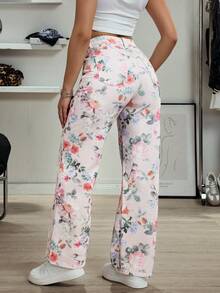 Jeanoix 花卉印花斜插口袋休闲百搭阔腿牛仔裤 - 粉色 - 查看 2