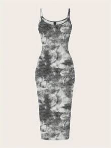 SHEIN EZwear 休閒性感極簡黑白街頭圖案印花貼身長洋裝，適合夏季夜店外出 - 灰色 - 查看 4