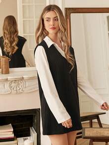 Serisse 黑色V领纯色衬衫和开衩下摆连衣裙（不含腰带） - 黑與白 - 查看 5