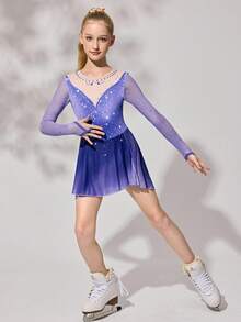 Tween Girls Activewear Long Sleeve Raglan Leotard With Positioning Print + Rhinestone Design, Cute Print Stretchy Skin-Friendly Soft Gymnastics Unitard, Suitable For Dance, School, Competition, All Seasons - Mauve Purple - View 1