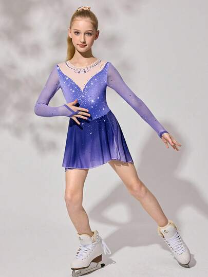 Tween Girls Activewear Long Sleeve Raglan Leotard With Positioning Print + Rhinestone Design, Cute Print Stretchy Skin-Friendly Soft Gymnastics Unitard, Suitable For Dance, School, Competition, All Seasons