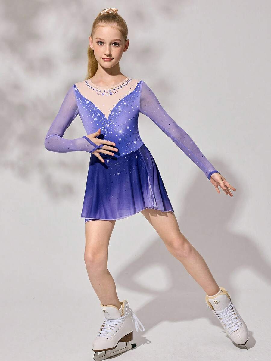 Tween Girls Activewear Long Sleeve Raglan Leotard With Positioning Print + Rhinestone Design, Cute Print Stretchy Skin-Friendly Soft Gymnastics Unitard, Suitable For Dance, School, Competition, All Seasons - Mauve Purple - View 1