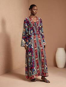 JIAN LASALA Váy maxi dài tay bằng vải chiffon in họa tiết toàn thân, chất liệu trong suốt, kiểu kimono boho cho nữ, thắt nơ phía trước, tay chuông, thích hợp cho kỳ nghỉ, du lịch, nghỉ mát. Váy boho cho nữ, váy caftan, váy kimono, váy maxi boho, váy dự tiệc cưới, tiệc tùng. - Nhiều màu - Xem 1