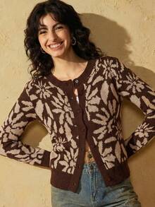 Felipe Marques Women's Floral Print Cardigan Sweater, Long Sleeve Open Front Casual Jacket For Autumn/Winter, Suitable For Vacation, Party, Evening Event - Brown - View 3