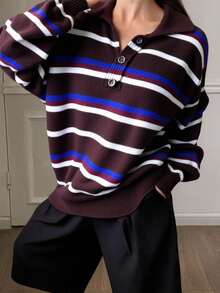 DAZY 女士条纹印花半拉链休闲长袖套头毛衣 - 棕色 - 查看 1