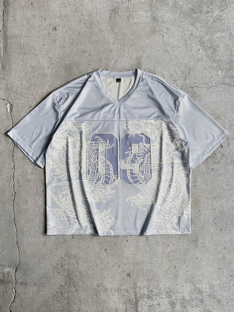 AXEPEAK Men's Chinese Dragon Print V-Neck Short Sleeve Casual Fashion T-Shirt - Blue - View 1