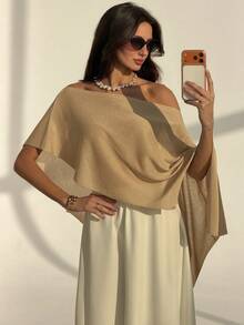 Aloruh 杏色极简性感薄纱罩衫，不对称下摆，不对称肩部设计，女士毛衣 - 杏色 - 查看 6