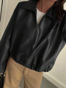 Livesso Women's Loose Casual Faux Leather Jacket, Regular Fit, Autumn/Winter - Black - View 4