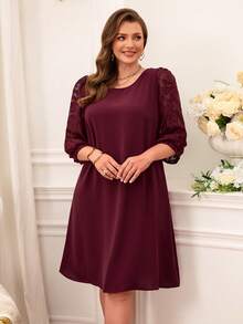 Miaspire Plus Size Women's Mesh Contrast  Red  Elegan Mother's Day Dress ,New Year Clothes/Winter - Burgundy - View 5
