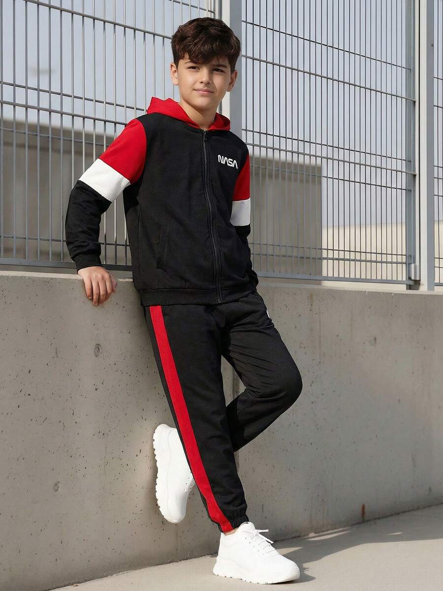 Vacaura 2 件套休闲运动风格合作款拼色连帽衫和抽绳腰运动裤套装，宽松版型，罗纹袖口，适合日常穿着、通勤、学生装、街头服饰