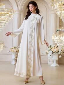 Al Najma Đầm dài tay kiểu Ả Rập dành cho nữ, họa tiết hoa. - trắng - Xem 5