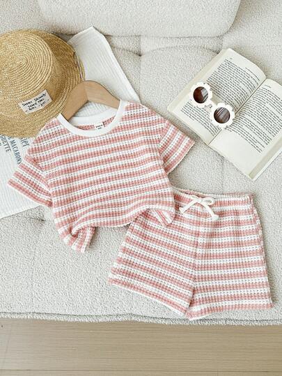LMoss Kids 2pcs Baby Girl Knitted Striped Round Neck T-Shirt And Shorts Set