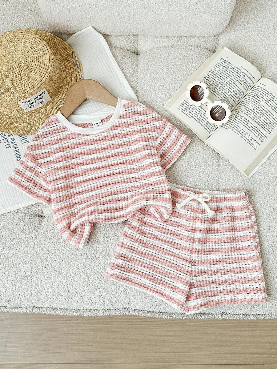 LMoss Kids 2pcs Baby Girl Knitted Striped Round Neck T-Shirt And Shorts Set