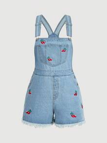 Sweetra Quần yếm denim màu xanh dương thêu họa tiết quả anh đào cổ điển dành cho nữ cỡ lớn, mang đến vẻ ngoài trẻ trung, dễ thương và ngọt ngào. - Rửa nhẹ - Xem 1