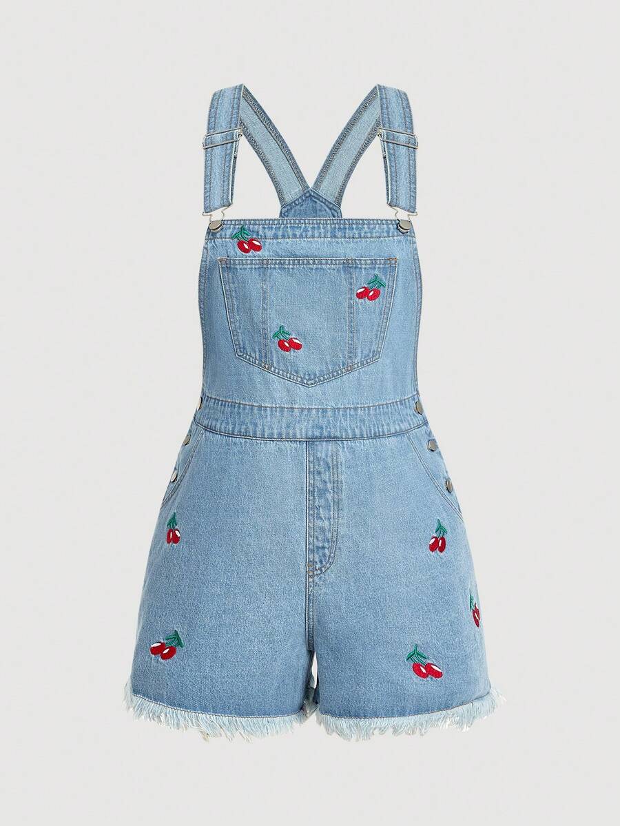 Sweetra Quần yếm denim màu xanh dương thêu họa tiết quả anh đào cổ điển dành cho nữ cỡ lớn, mang đến vẻ ngoài trẻ trung, dễ thương và ngọt ngào. - Rửa nhẹ - Xem 1