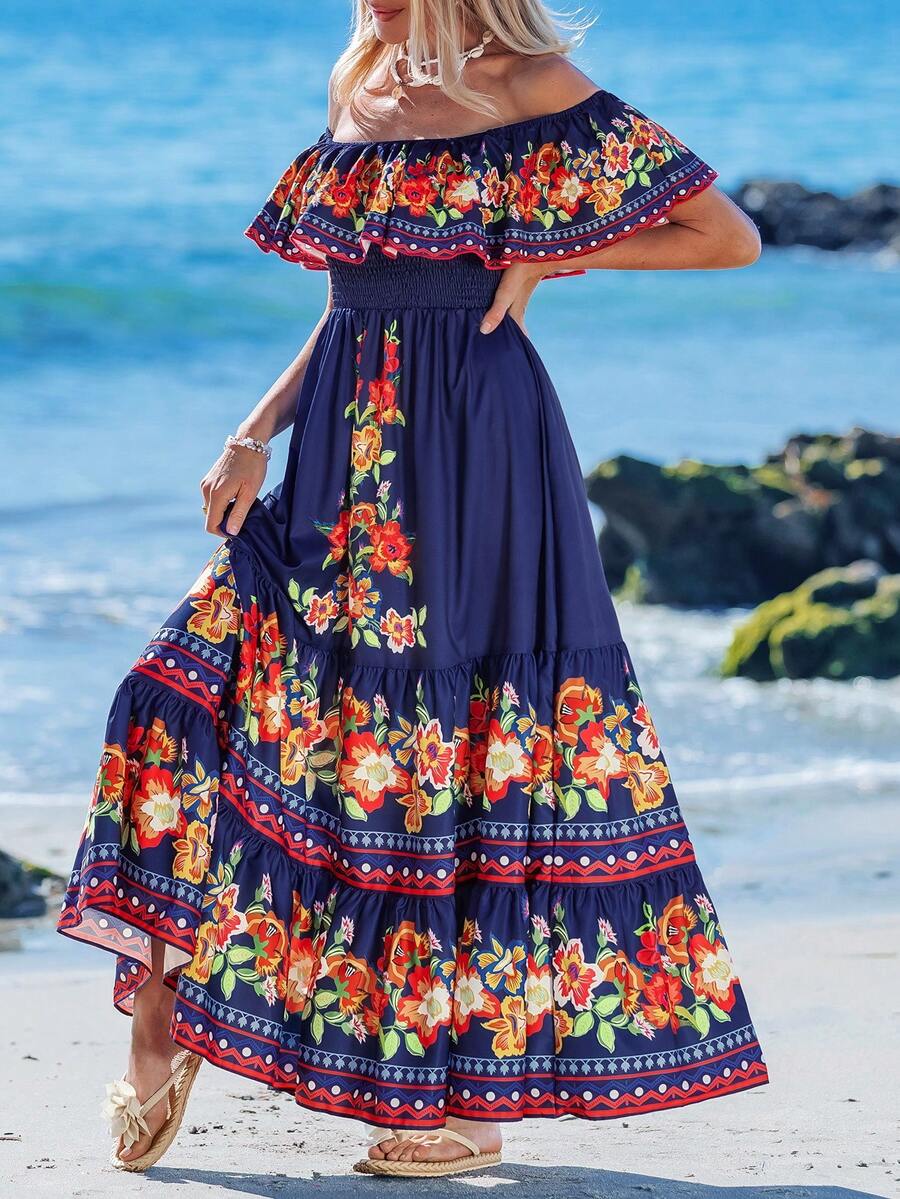 Sylviya Floral Print Off Shoulder Ruffle Hem Dress,Vacation - Blue - View 1