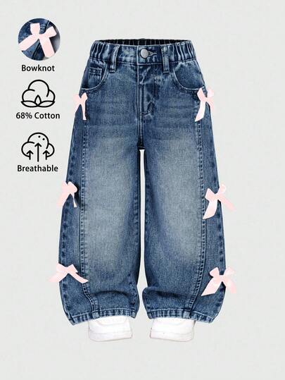 Young Girls Distressed Vintage Fashion Personalized Front Slit Faded Wash Bowknot Wide Leg Snug Fit Versatile All Season Blue Denim Casual Pants