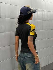 StreetHx Camiseta de manga corta con estampado numérico azul marino para mujer, primavera/verano - Negro - Ver 2