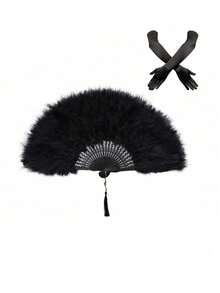 2/3 gói phụ kiện Flapper thập niên 1920 dành cho nữ - Bộ quạt lông vũ, băng đô và găng tay cho trang phục cosplay khiêu vũ đám cưới cổ điển Phụ kiện Great Gatsby (Màu đen) - Nhiều màu - Xem 11