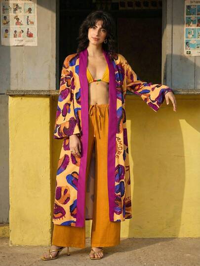 Felipe Marques Women's Floral Print Long Sleeve Robe, Casual Loungewear