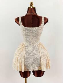 Amplova 新年及情人节派对/约会蕾丝透视低胸A字公主迷你连衣裙 - 杏色 - 查看 7