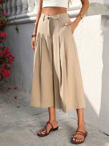 SHEIN Holidaya Women's Casual Linen Capri Pants, Suitable For Leisure, Beach, And Home Wear,Women's Khaki Cropped Trousers,Zipper Details,Casual Solid Color Long Dress,Beach Vacation Capri Pants,Summer Trousers,Office Attire,Women's Casual Commuter Simple Cropped Pants,Women's Casual Commuter Simple Cropped Pants - Khaki - View 8