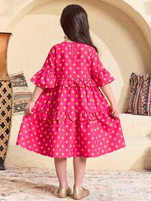 SHEIN Vestido de princesa con cuello redondo, volantes en el bajo y bolso, con estampado de dibujos animados lindo para niña, adecuado para primavera/verano, uso diario, festivales, reuniones familiares y ocasiones especiales - Rosa Fucsia - Ver 9