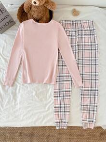 2 件套女式休闲可爱熊印花上衣和经典格子紧身裤舒适家居服套装 - 彩色 - 查看 2