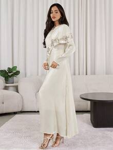 Veilorie Đầm dự tiệc thanh lịch dành cho nữ, đính sequin và hạt cườm, thêu hoa theo phong cách Ả Rập. - Màu be - Xem 5