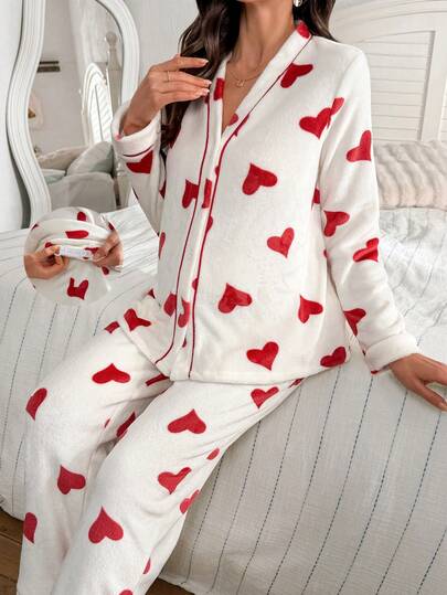 Moonlight&Mama Conjunto de pijama de maternidad de cárdigan y pantalones con estampado de corazón acogedor, para otoño/invierno