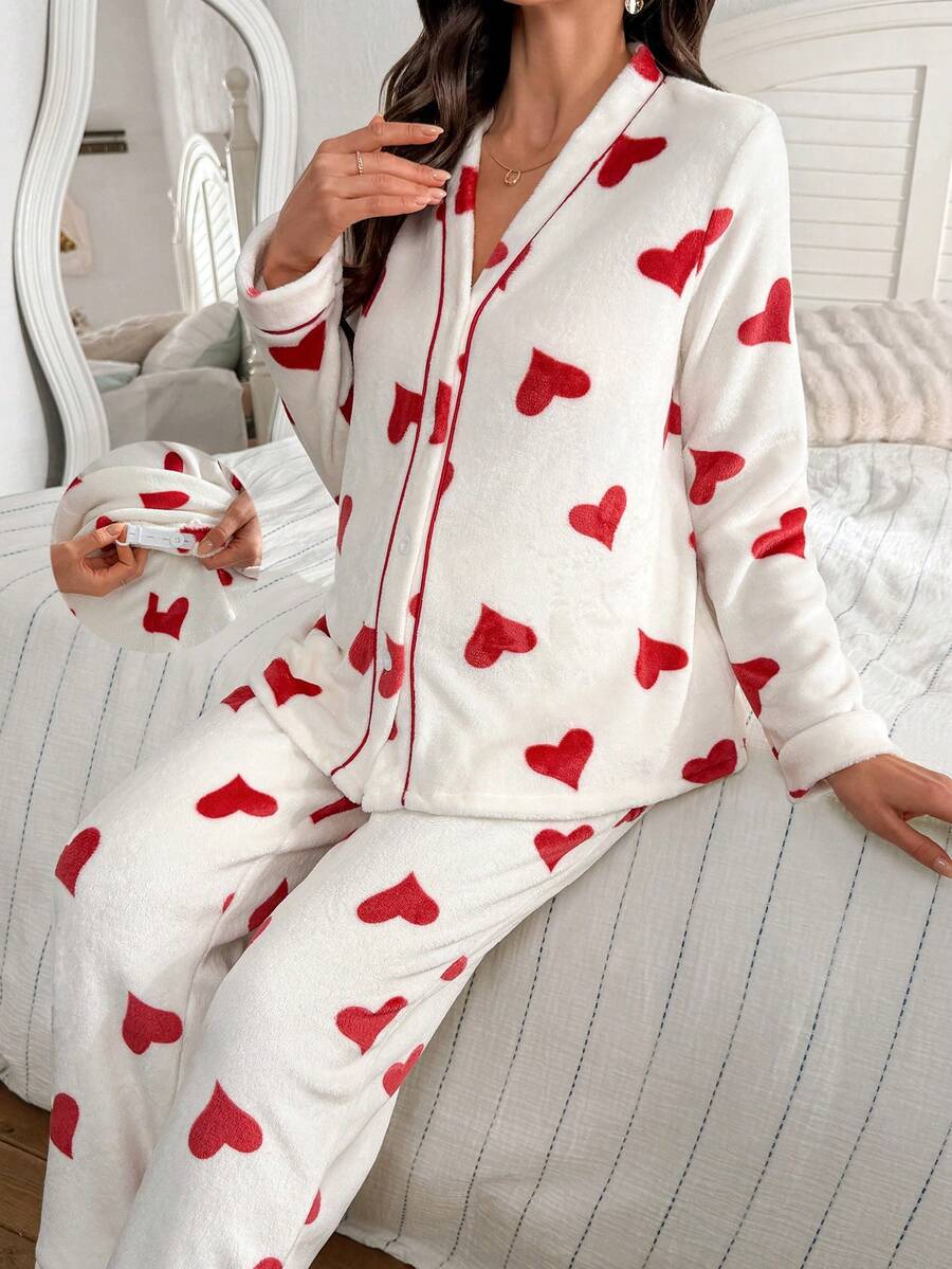 Moonlight&Mama Bộ đồ ngủ bà bầu ấm áp in hình trái tim cổ chữ V và quần dài, thích hợp cho mùa Thu/Đông. - Đỏ - Xem 1